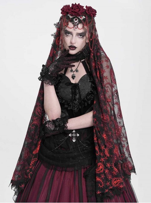 Gorgeous Retro Black Red Mesh Exquisite Gemstone Beads Three Dimensional Rose Metal Bat Gothic Style Veil
