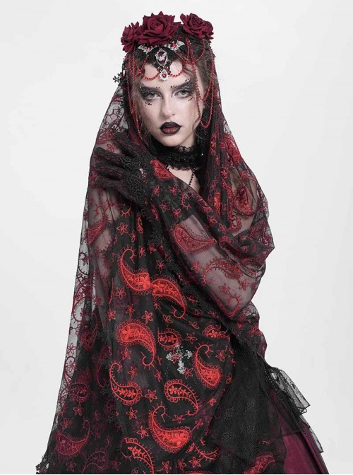 Gorgeous Retro Black Red Mesh Exquisite Gemstone Beads Three Dimensional Rose Metal Bat Gothic Style Veil