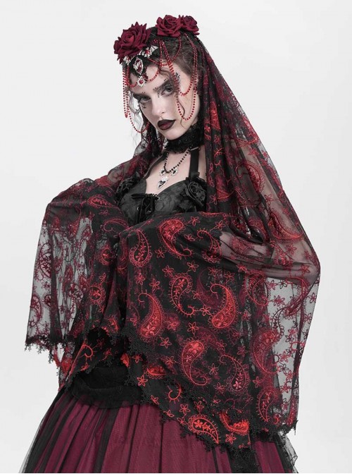 Gorgeous Retro Black Red Mesh Exquisite Gemstone Beads Three Dimensional Rose Metal Bat Gothic Style Veil