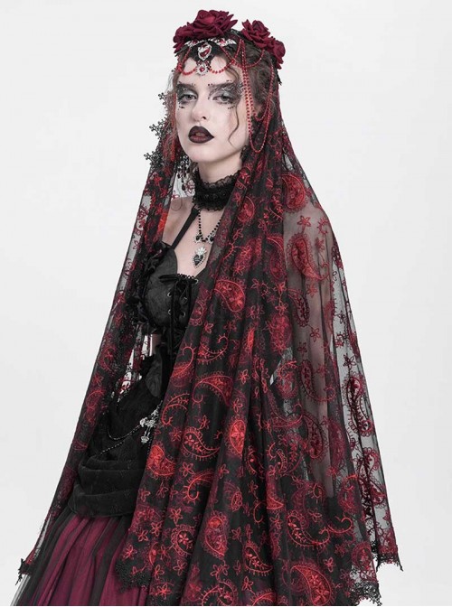Gorgeous Retro Black Red Mesh Exquisite Gemstone Beads Three Dimensional Rose Metal Bat Gothic Style Veil