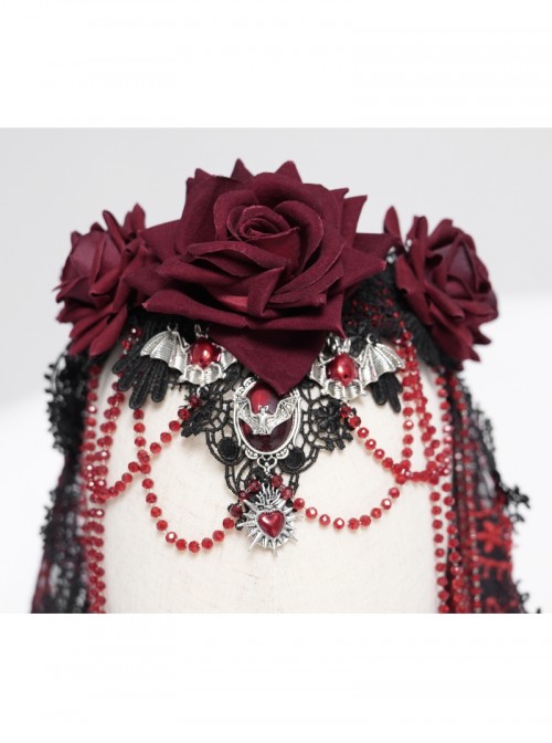Gorgeous Retro Black Red Mesh Exquisite Gemstone Beads Three Dimensional Rose Metal Bat Gothic Style Veil
