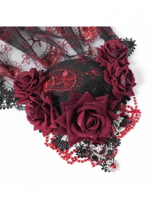 Gorgeous Retro Black Red Mesh Exquisite Gemstone Beads Three Dimensional Rose Metal Bat Gothic Style Veil