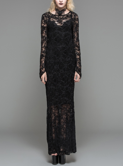 Black Flocking Rose Mesh Lace Long Sleeve Fishtail Backless Gothic Long Dress