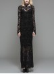 Black Flocking Rose Mesh Lace Long Sleeve Fishtail Backless Gothic Long Dress