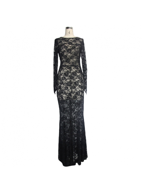 Black Flocking Rose Mesh Lace Long Sleeve Fishtail Backless Gothic Long Dress