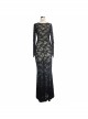 Black Flocking Rose Mesh Lace Long Sleeve Fishtail Backless Gothic Long Dress