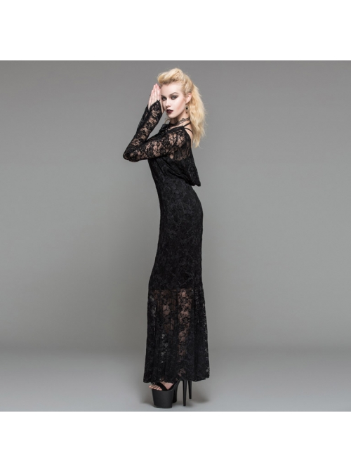 Black Flocking Rose Mesh Lace Long Sleeve Fishtail Backless Gothic Long Dress