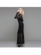 Black Flocking Rose Mesh Lace Long Sleeve Fishtail Backless Gothic Long Dress