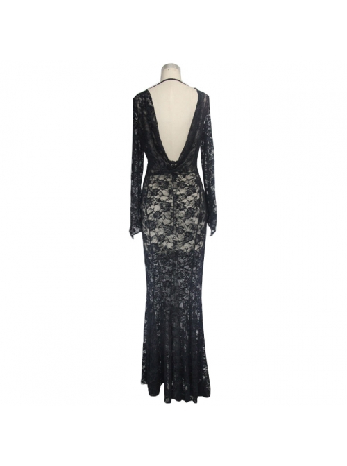 Black Flocking Rose Mesh Lace Long Sleeve Fishtail Backless Gothic Long Dress