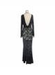 Black Flocking Rose Mesh Lace Long Sleeve Fishtail Backless Gothic Long Dress