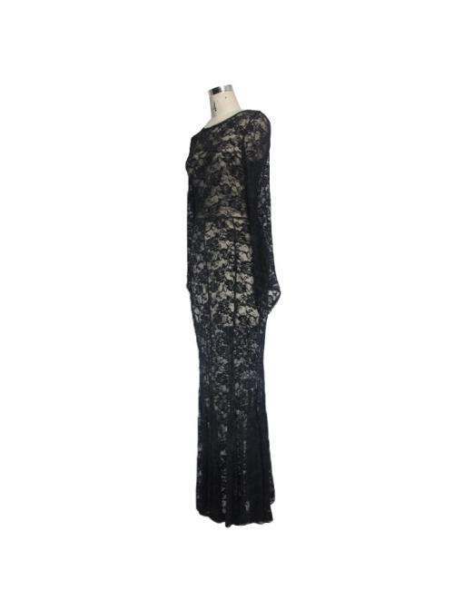 Black Flocking Rose Mesh Lace Long Sleeve Fishtail Backless Gothic Long Dress