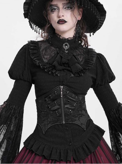 Unique Vintage Black Bat Wing Hem Exquisite Jacquard Dark Lace Decoration Gothic Style Corset