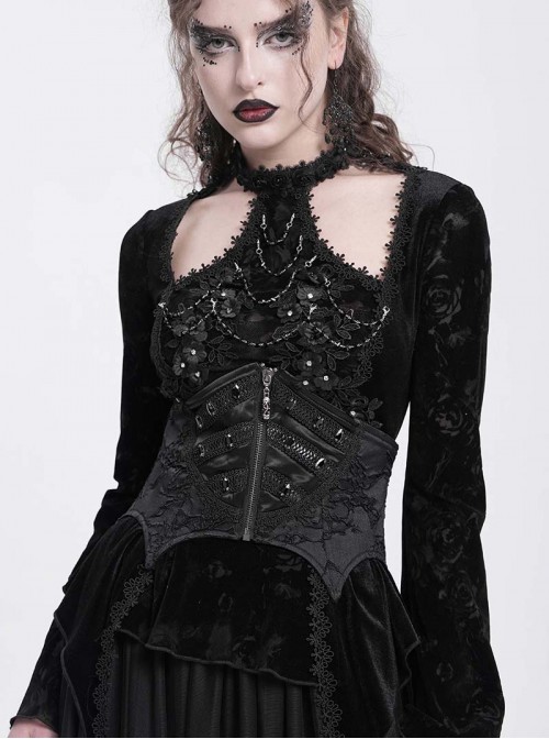 Unique Vintage Black Bat Wing Hem Exquisite Jacquard Dark Lace Decoration Gothic Style Corset