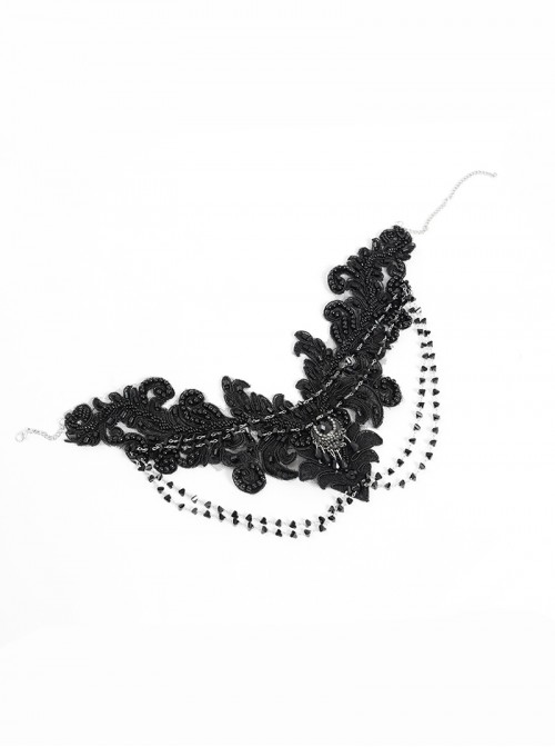Vintage Elegant Black Embroidery Gorgeous Beads Stone Embellished Gothic Style Necklace