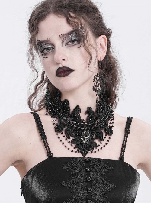 Vintage Elegant Black Embroidery Gorgeous Beads Stone Embellished Gothic Style Necklace