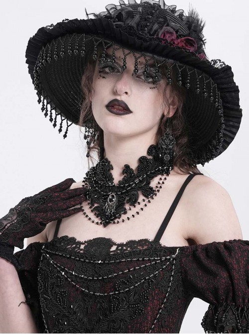 Vintage Elegant Black Embroidery Gorgeous Beads Stone Embellished Gothic Style Necklace