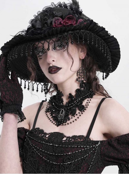 Vintage Elegant Black Embroidery Gorgeous Beads Stone Embellished Gothic Style Necklace