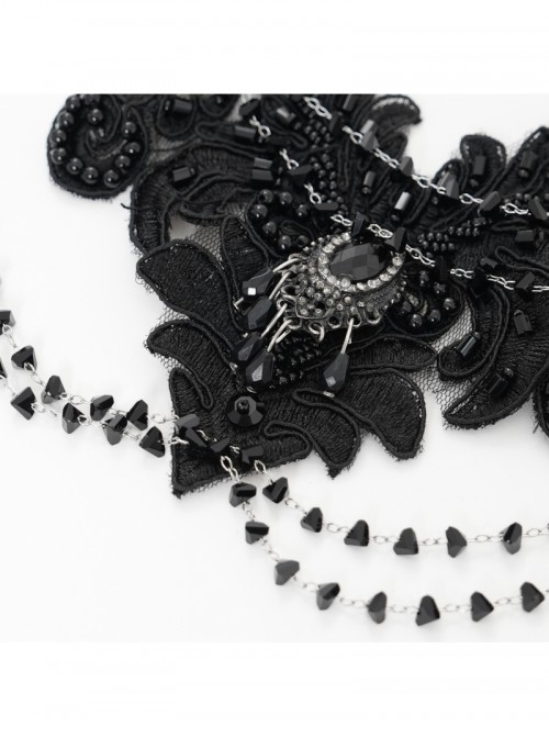Vintage Elegant Black Embroidery Gorgeous Beads Stone Embellished Gothic Style Necklace