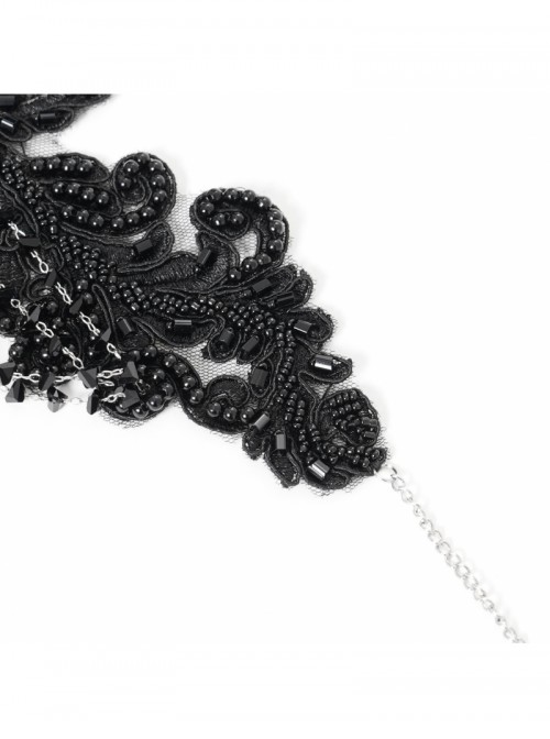 Vintage Elegant Black Embroidery Gorgeous Beads Stone Embellished Gothic Style Necklace