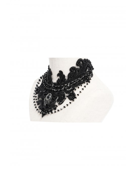 Vintage Elegant Black Embroidery Gorgeous Beads Stone Embellished Gothic Style Necklace