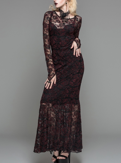 Black Red Flocking Rose Mesh Lace Long Sleeve Fishtail Backless Gothic Long Dress