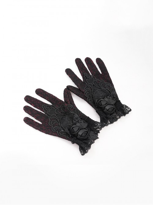Retro Elegant Black Lace Hollow Three Dimensional Rose Decoration Gorgeous Gothic Style Gloves
