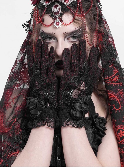 Retro Elegant Black Lace Hollow Three Dimensional Rose Decoration Gorgeous Gothic Style Gloves