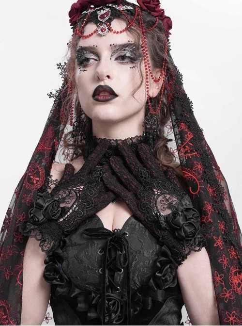 Retro Elegant Black Lace Hollow Three Dimensional Rose Decoration Gorgeous Gothic Style Gloves