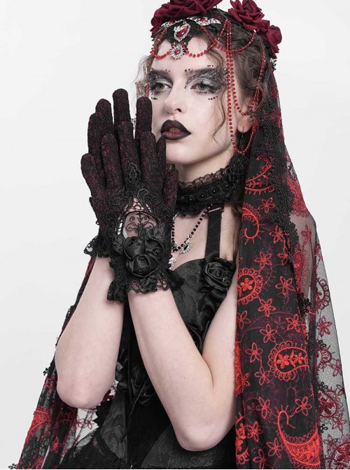 Retro Elegant Black Lace Hollow Three Dimensional Rose Decoration Gorgeous Gothic Style Gloves