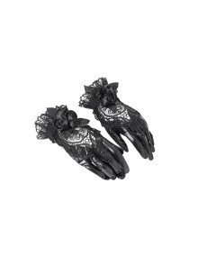 Gorgeous Elegant Black Lace Hollow Three Dimensional Rose Decoration Leather Retro Gothic Style Gloves