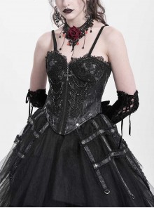Vintage Gorgeous Black Embroidered Lace Exquisite Beaded Decoration Metal Rivet Cross Zipper Birdcage Gothic Corset