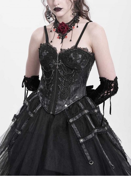 Vintage Gorgeous Black Embroidered Lace Exquisite Beaded Decoration Metal Rivet Cross Zipper Birdcage Gothic Corset