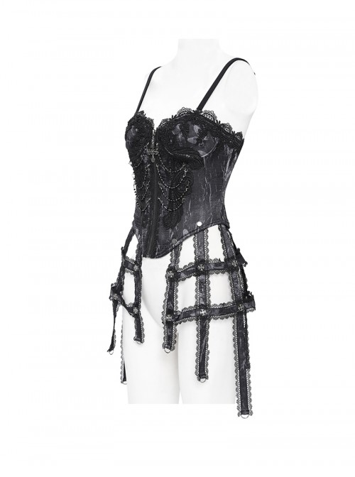 Vintage Gorgeous Black Embroidered Lace Exquisite Beaded Decoration Metal Rivet Cross Zipper Birdcage Gothic Corset