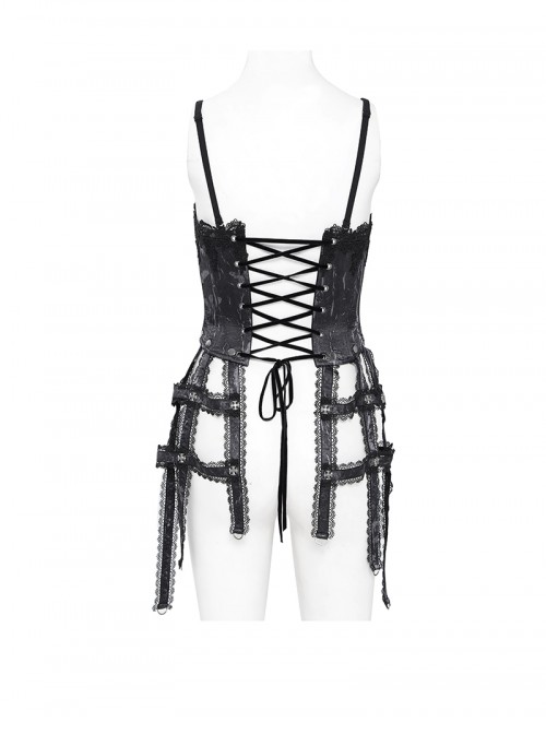 Vintage Gorgeous Black Embroidered Lace Exquisite Beaded Decoration Metal Rivet Cross Zipper Birdcage Gothic Corset