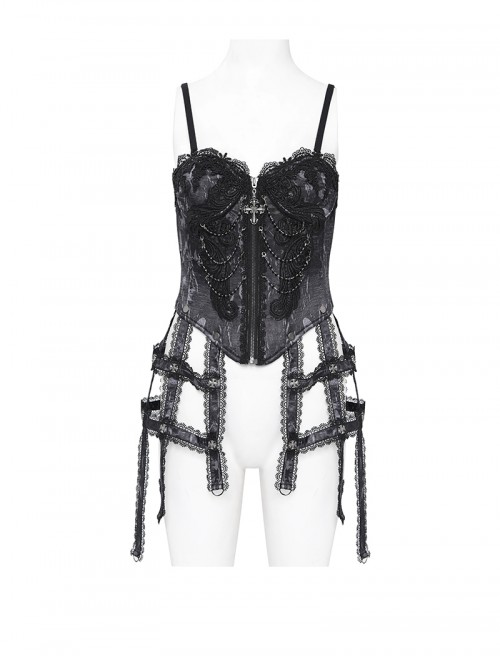 Vintage Gorgeous Black Embroidered Lace Exquisite Beaded Decoration Metal Rivet Cross Zipper Birdcage Gothic Corset