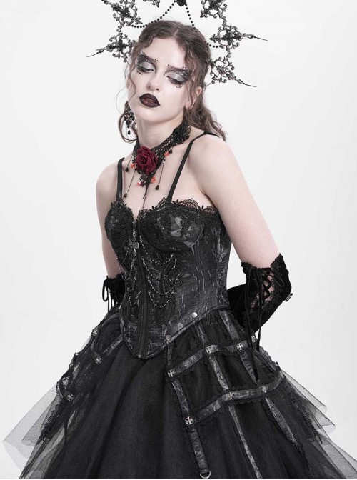 Vintage Gorgeous Black Embroidered Lace Exquisite Beaded Decoration Metal Rivet Cross Zipper Birdcage Gothic Corset