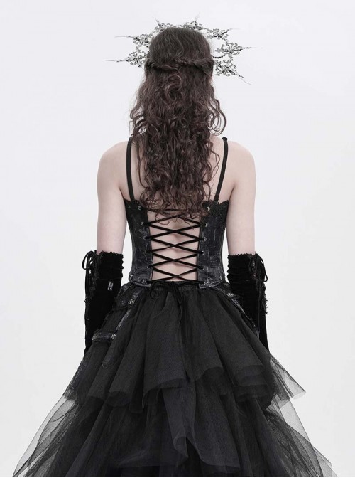 Vintage Gorgeous Black Embroidered Lace Exquisite Beaded Decoration Metal Rivet Cross Zipper Birdcage Gothic Corset