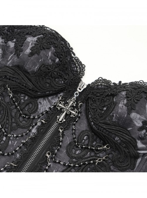 Vintage Gorgeous Black Embroidered Lace Exquisite Beaded Decoration Metal Rivet Cross Zipper Birdcage Gothic Corset