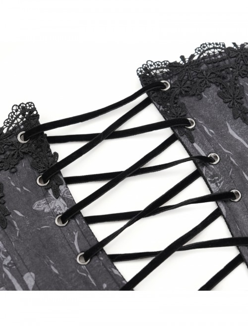 Vintage Gorgeous Black Embroidered Lace Exquisite Beaded Decoration Metal Rivet Cross Zipper Birdcage Gothic Corset