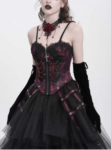 Vintage Gorgeous Black Red Embroidered Lace Exquisite Beaded Decoration Unique Cross Zipper Birdcage Gothic Corset