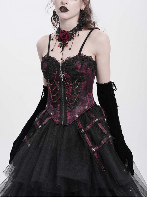 Vintage Gorgeous Black Red Embroidered Lace Exquisite Beaded Decoration Unique Cross Zipper Birdcage Gothic Corset
