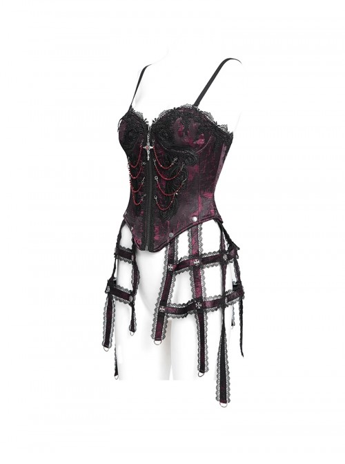 Vintage Gorgeous Black Red Embroidered Lace Exquisite Beaded Decoration Unique Cross Zipper Birdcage Gothic Corset