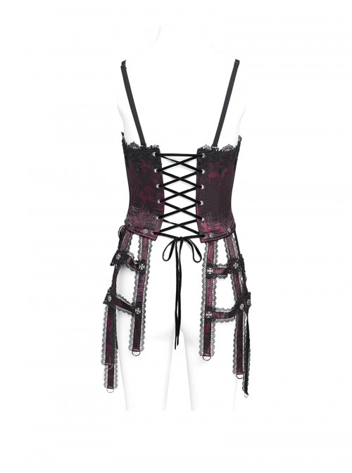 Vintage Gorgeous Black Red Embroidered Lace Exquisite Beaded Decoration Unique Cross Zipper Birdcage Gothic Corset