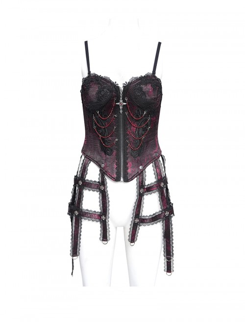 Vintage Gorgeous Black Red Embroidered Lace Exquisite Beaded Decoration Unique Cross Zipper Birdcage Gothic Corset