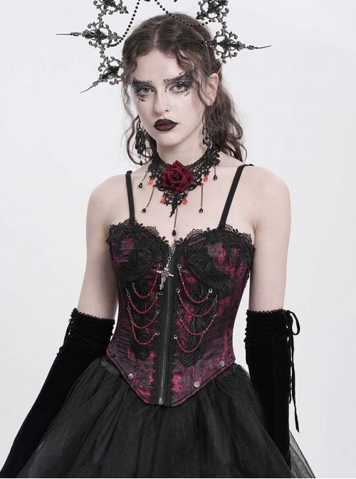 Vintage Gorgeous Black Red Embroidered Lace Exquisite Beaded Decoration Unique Cross Zipper Birdcage Gothic Corset