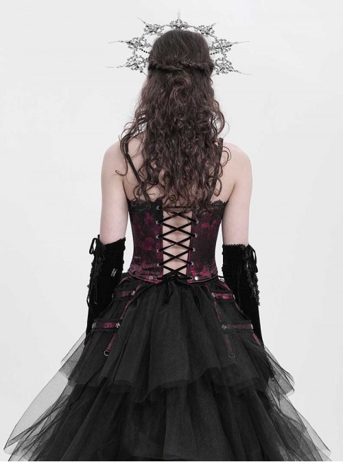 Vintage Gorgeous Black Red Embroidered Lace Exquisite Beaded Decoration Unique Cross Zipper Birdcage Gothic Corset
