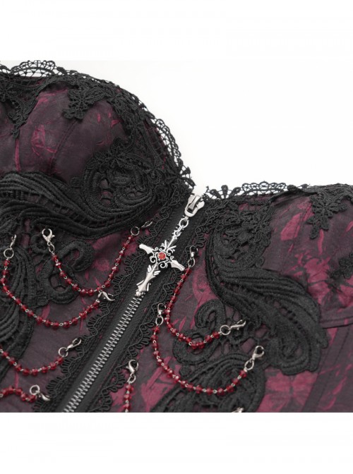 Vintage Gorgeous Black Red Embroidered Lace Exquisite Beaded Decoration Unique Cross Zipper Birdcage Gothic Corset