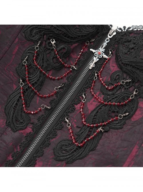 Vintage Gorgeous Black Red Embroidered Lace Exquisite Beaded Decoration Unique Cross Zipper Birdcage Gothic Corset