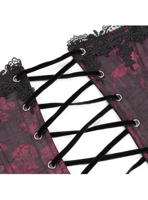 Vintage Gorgeous Black Red Embroidered Lace Exquisite Beaded Decoration Unique Cross Zipper Birdcage Gothic Corset