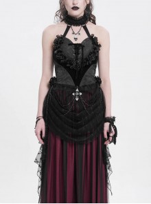 Elegant Black Rose Ribbon Decoration Gorgeous Patchwork Mesh Hem Sexy Gothic Style Halter Neck Corset